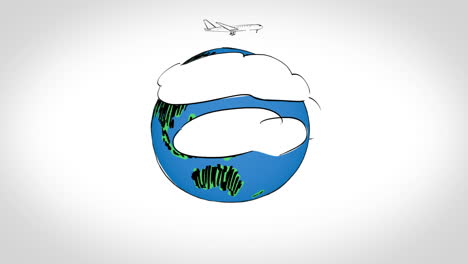 animación de un avión volando alrededor de la tierra y aterrizando