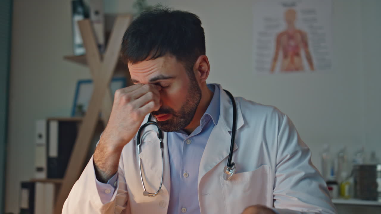 Tired physician rubbing eyes in night clinic. Closeup doctor typing computer