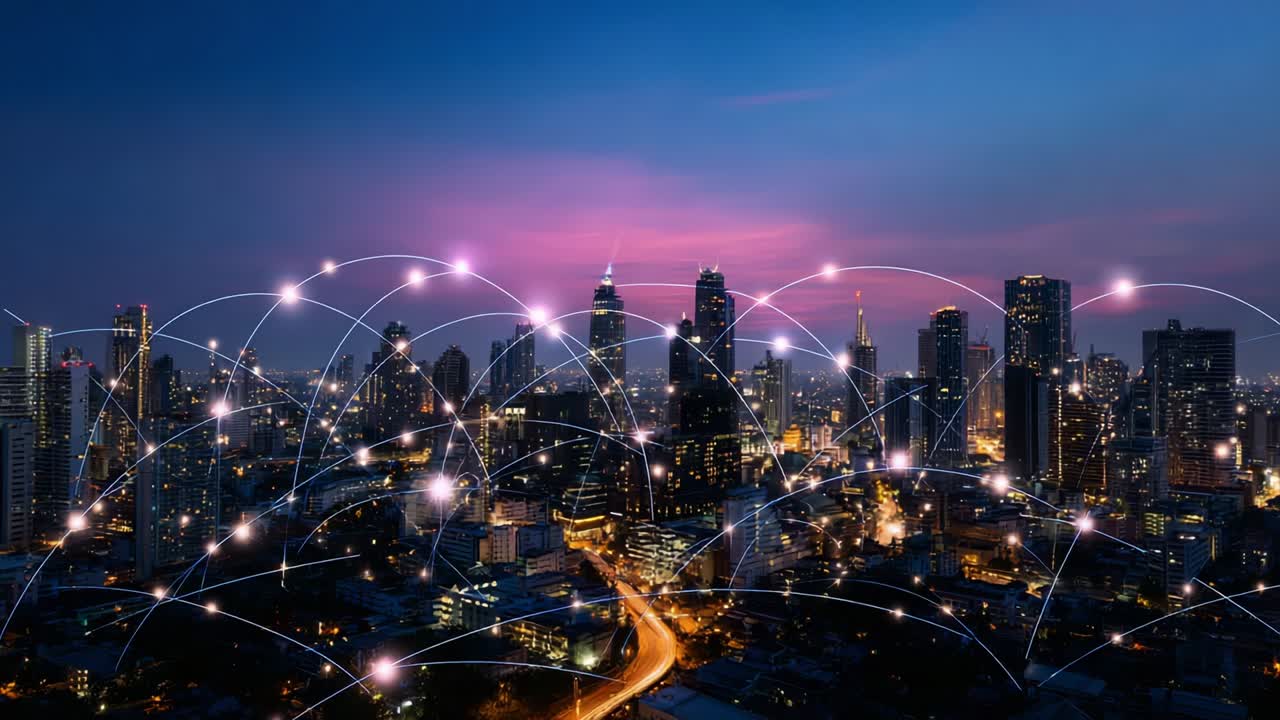 A Stunning Nighttime Aerial View of a Modern Cityscape, Highlighting the Interconnectedness of Urban Infrastructure with Digital Networks and Vibrant City Lights that Illuminate the Skyline