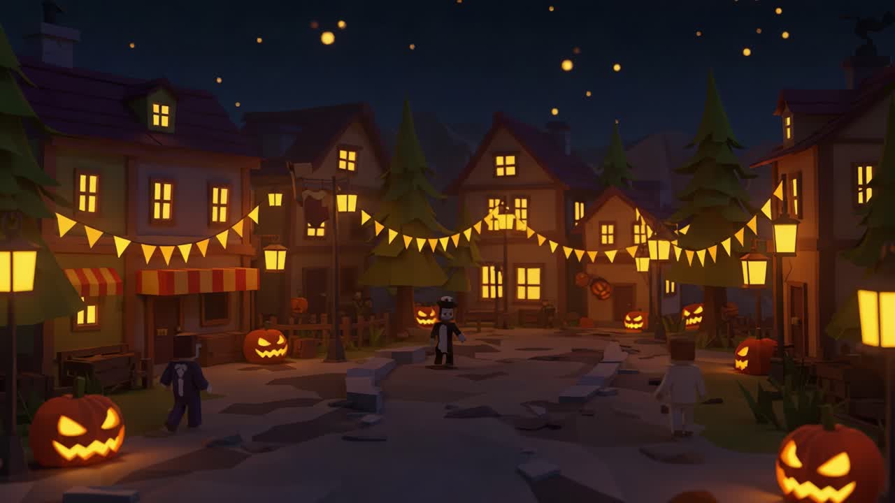 A Spooky Night in a Charming Lantern-Lit Village, Complete with Jack-o'-Lanterns and Festive Banners, Captured in Two Frames of Halloween Celebration