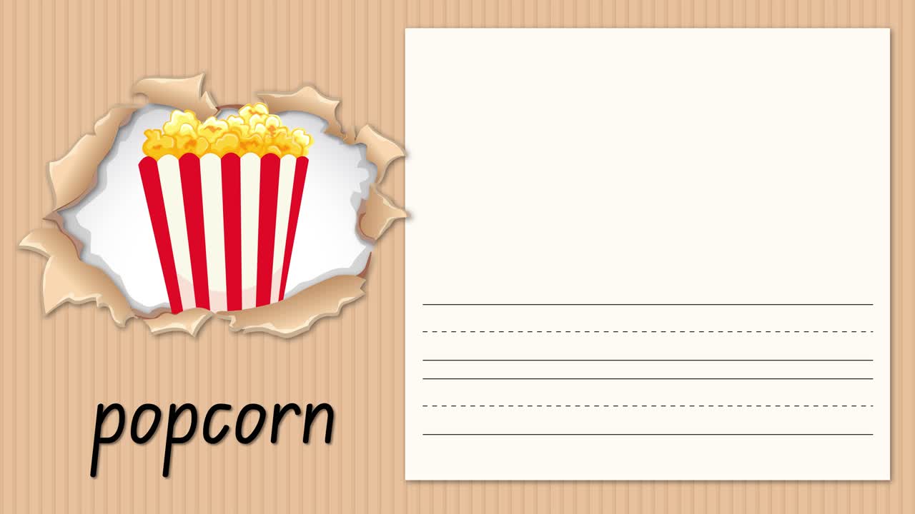 Animierte Schreiblernstunde lehrt den Buchstaben P mit einer Popcorn-Illustration auf einem Kartonhintergrund.