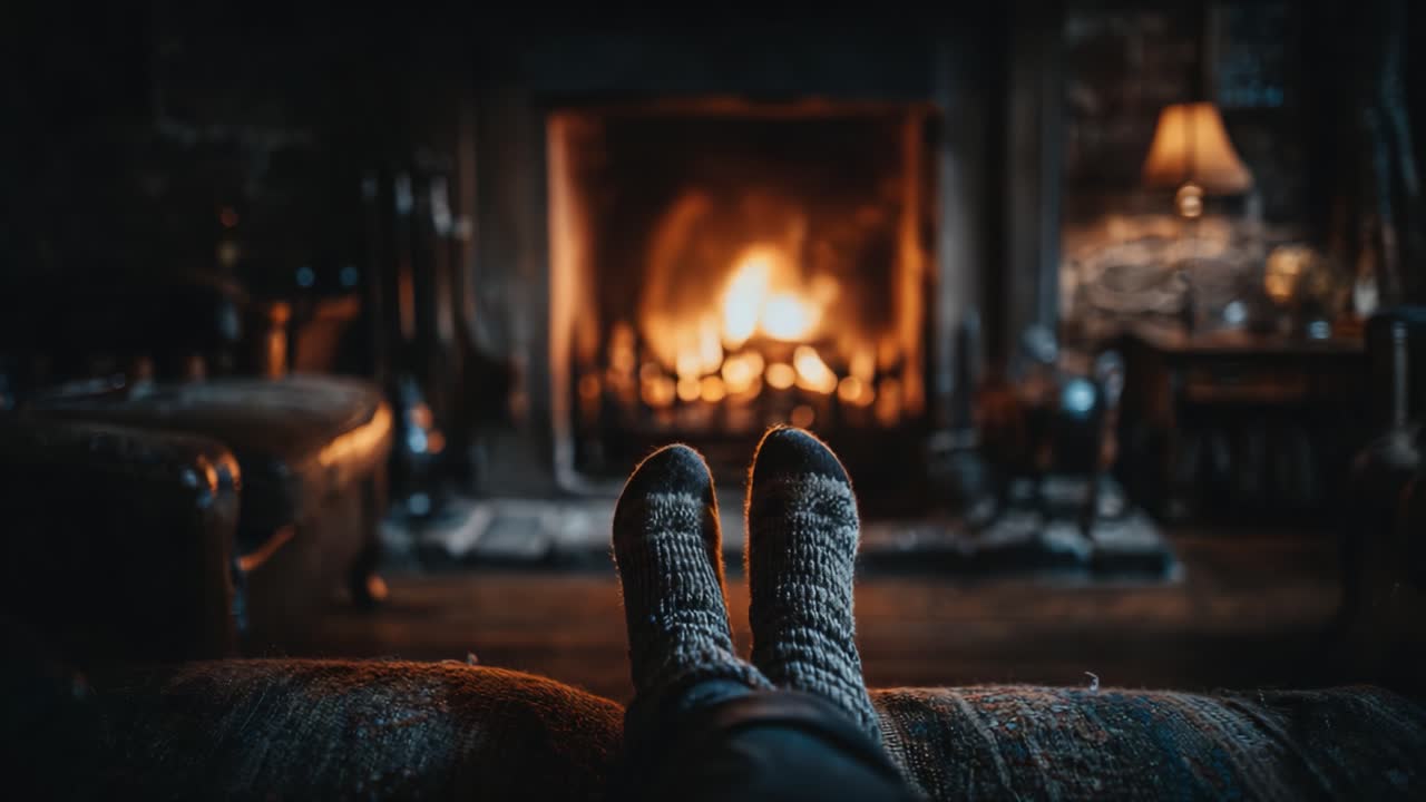 Cozy Evening by the Fireplace: A Relaxing Atmosphere with Warmth, Comfort, and Relaxation as Firelight Dances in the Background, Creating a Peaceful Retreat