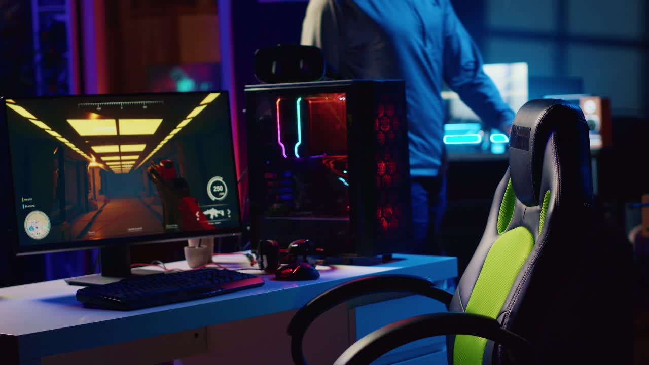 게임 의자에 앉아있는 게이머, 싱글 플레이어 슈팅 게임에서 미래의 총으로 날아다니는 로 ⁇ 과 싸우고