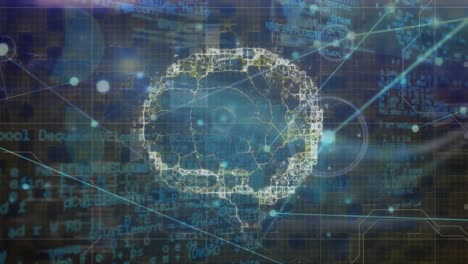 Animation of network of connections and data processing against spinning human brain