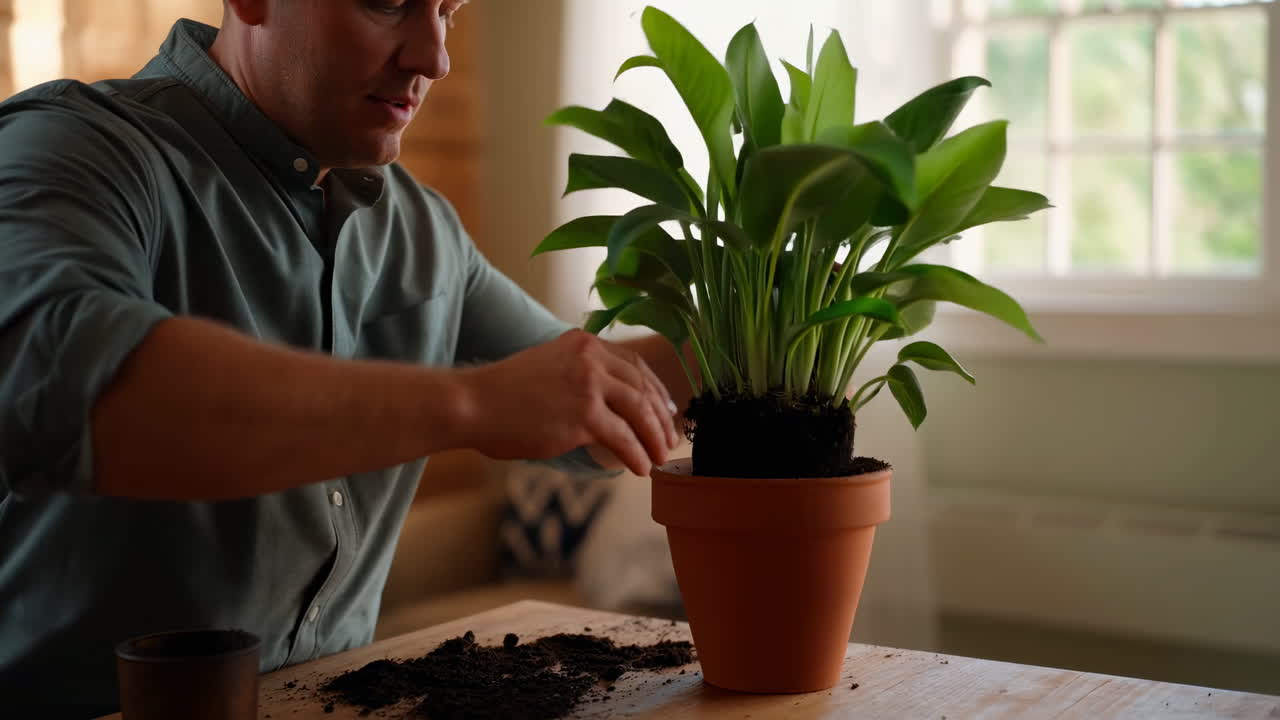 Uomo che rinvasa una pianta d'appartamento verde in un vaso di terracotta