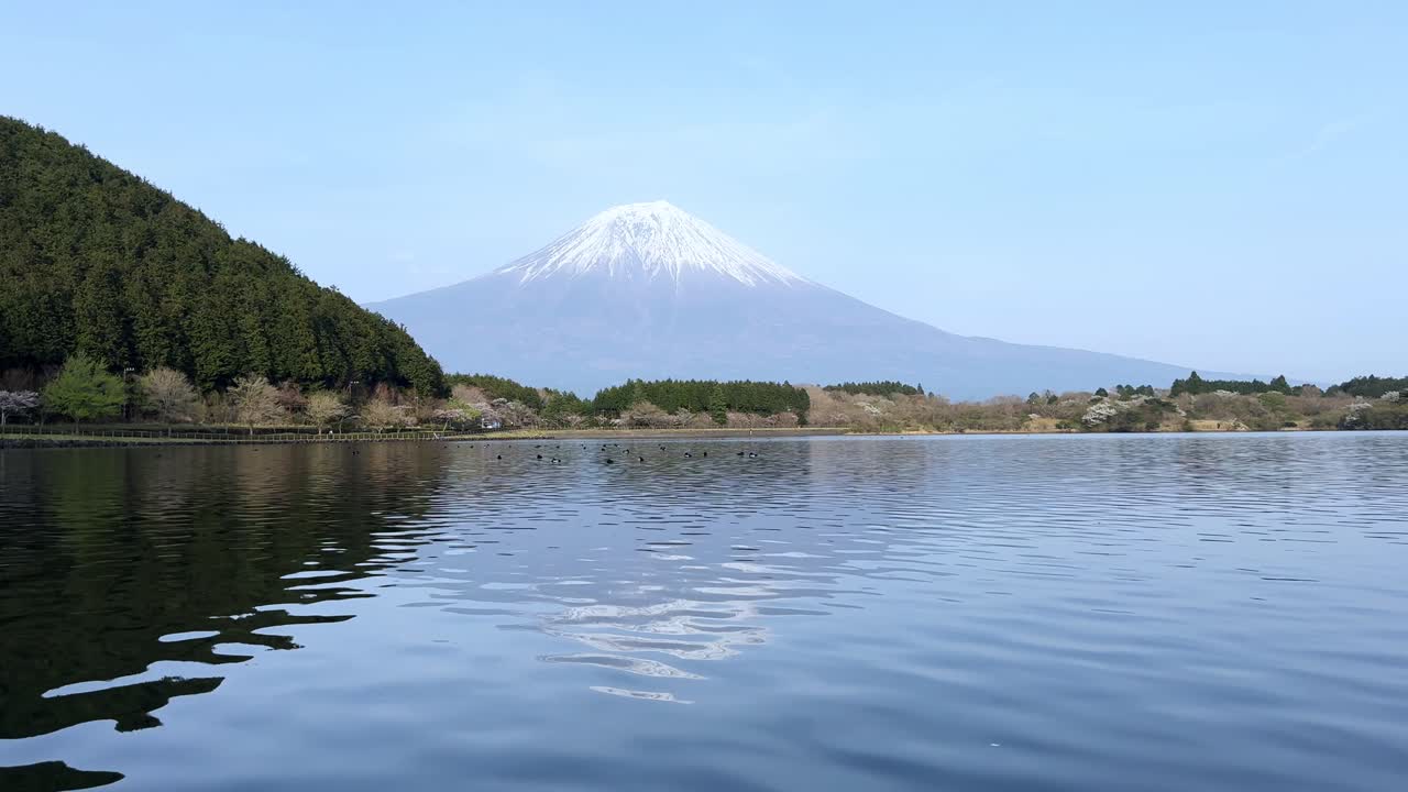 Lake Tanuki, peaceful landscape with Mount Fuji in the background and calm waters
