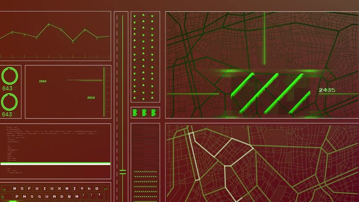 Animation of maps and computer data processing over dark background