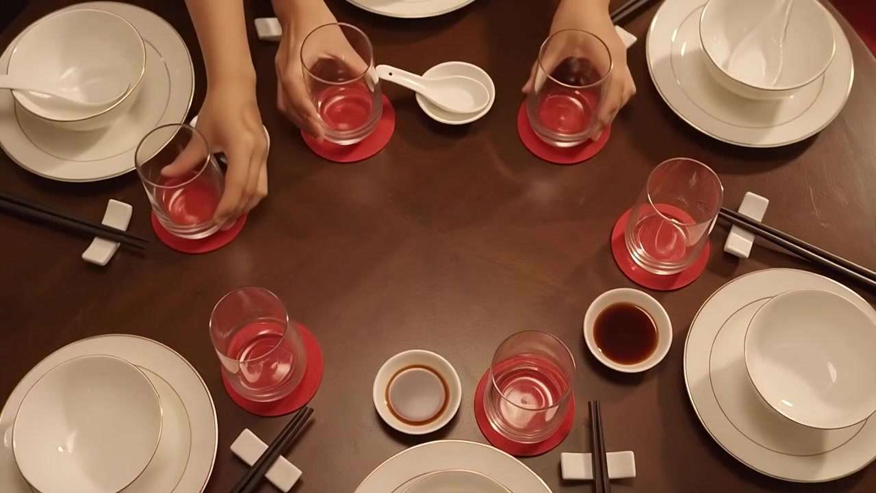 Hands Setting a Traditional Chinese Dining Table for a Meal