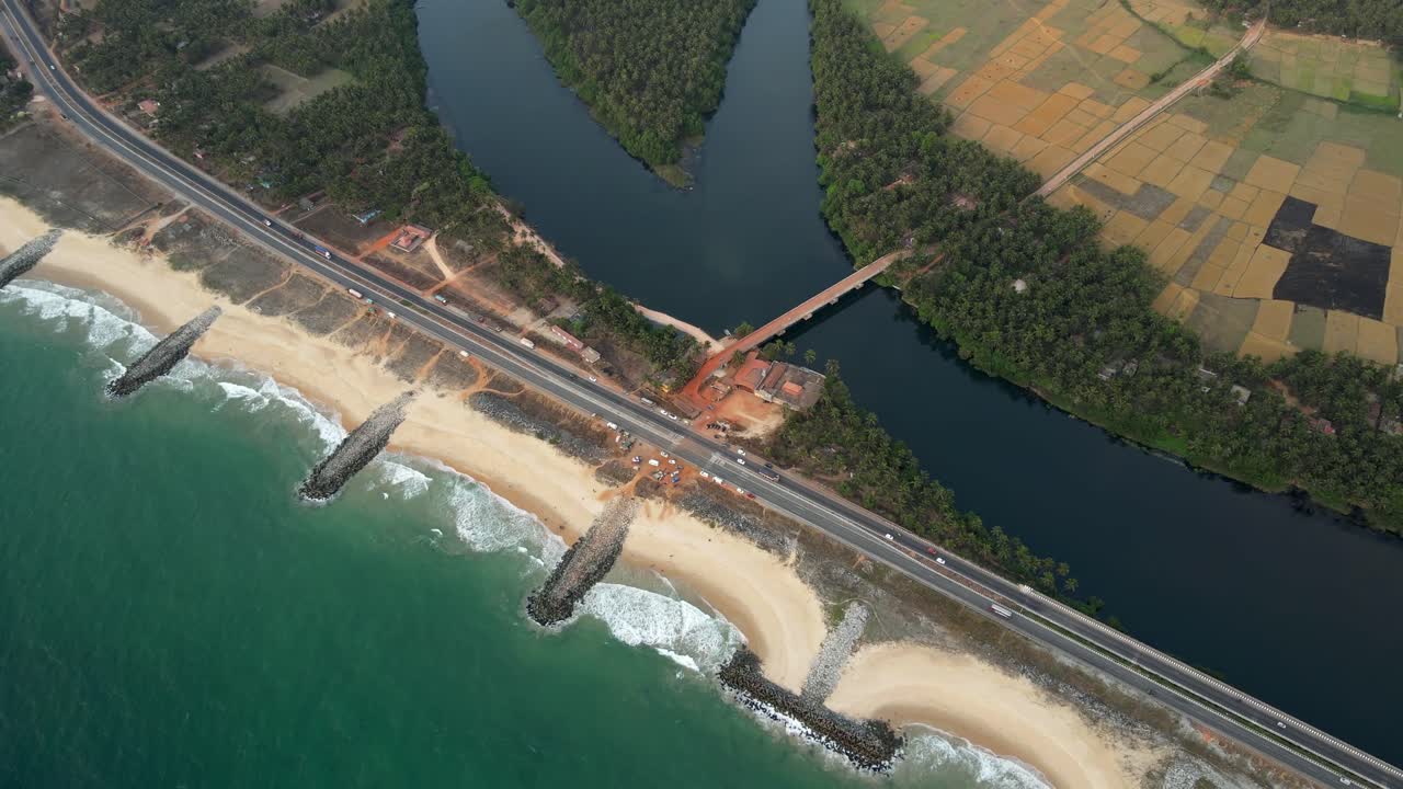 Aerial View of Coastal Highway, River, and Temple in Kerala, India