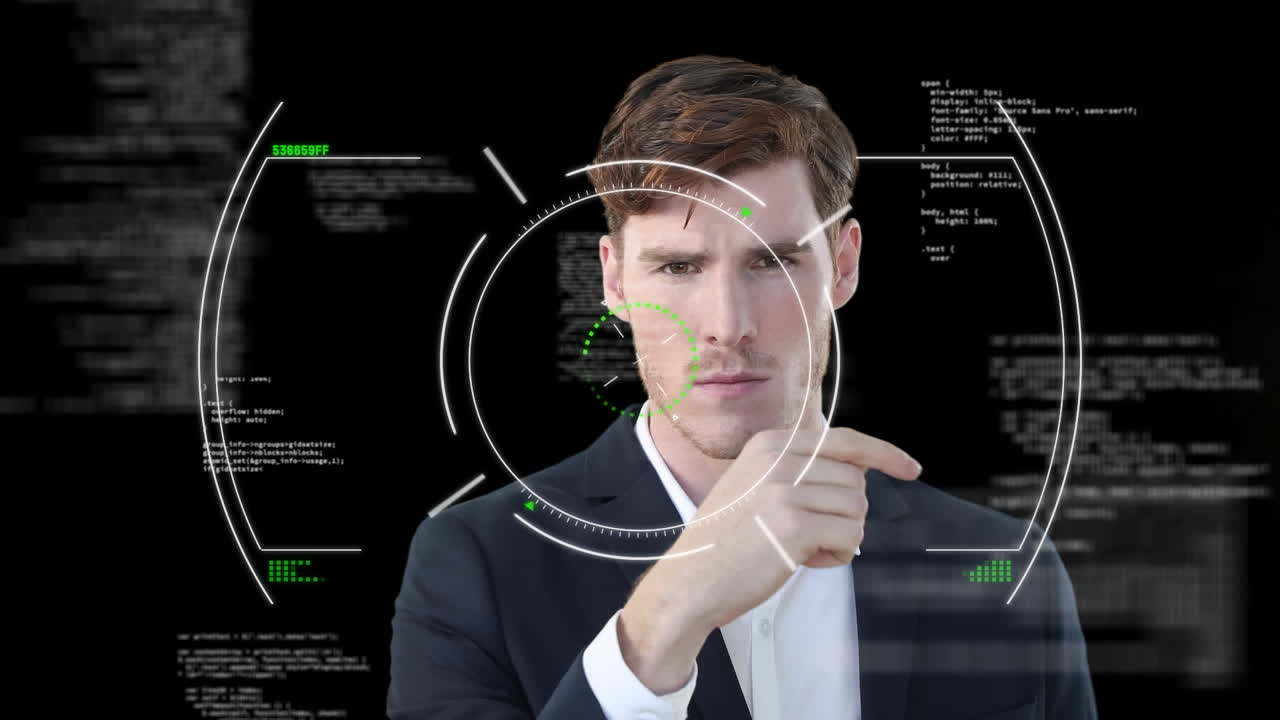 анимация обработки данных над кавказским деловым мышлением