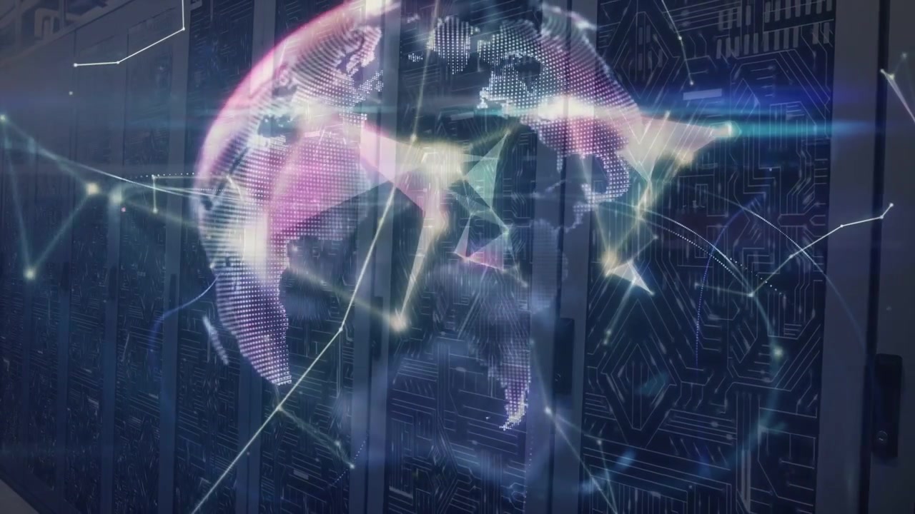 Hologram globe forming, triggered by drifting shards, rotating over racks, showing global network