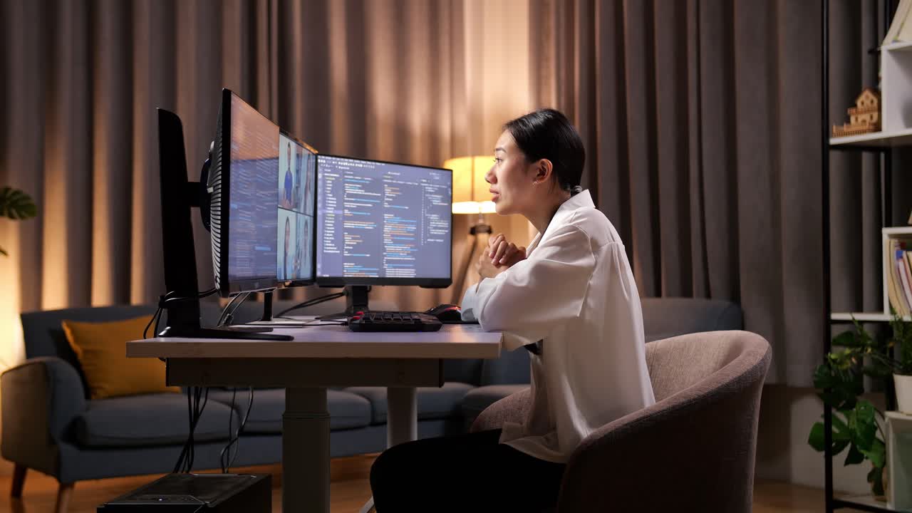 아시아 여성 프로그래머가 데스크 컴퓨터에서 회의를 하며 손을 흔들고 소프트웨어 엔지니어가 집에서 앱, 프로그램, 비디오 게임을 개발합니다. 코딩 언어를 가진 터미널