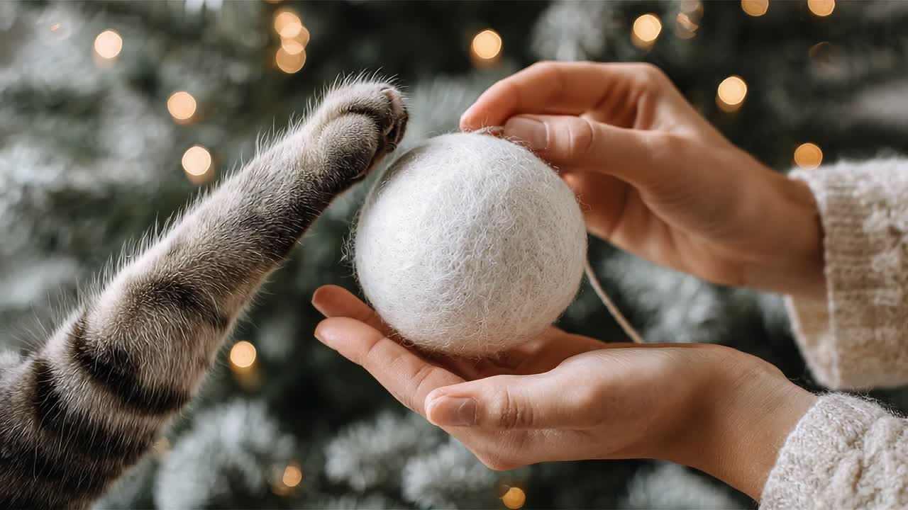 An Adorable Cat and Hand Interaction with a Soft White Ornament Amidst Festive Background Lights Capturing the Joy of Pet Playfulness and Holiday Spirit