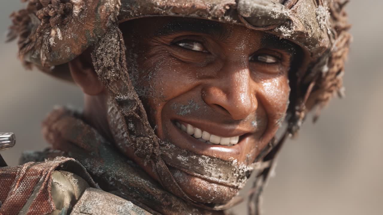 Un ritratto ravvicinato di un soldato che sorride in condizioni di combattimento, catturando la resilienza e lo spirito del servizio militare in ambienti ostili.