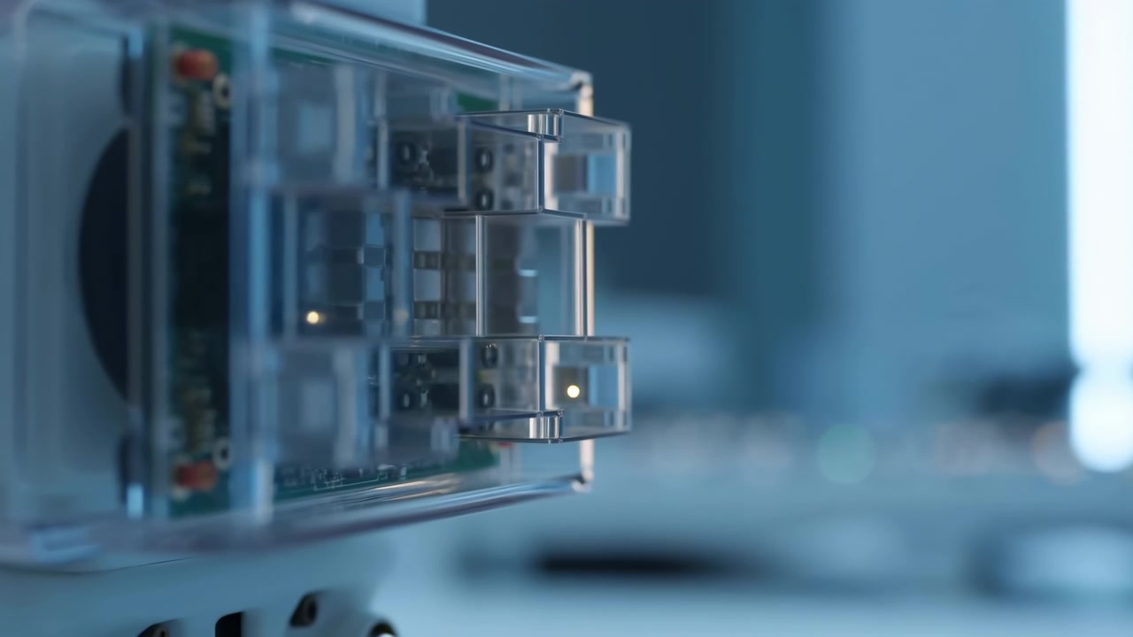 Close-up side view of a clear plastic electronic module mounted on industrial machinery, showing internal circuit parts and connectors against a softly