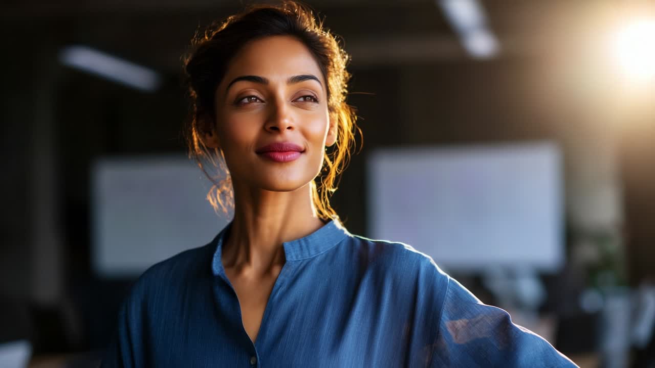 A Confident Woman in Natural Light: Capturing the Essence of Empowerment and Self-Assurance in a Professional Setting, Highlighting Confidence and Grace Amidst a Modern Background