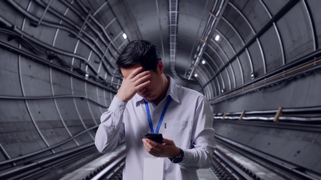 Asian Male Professional Worker Standing With His Smartphone In Underground Subway Tunnel, He Is Nodding His Head With Dissapionted