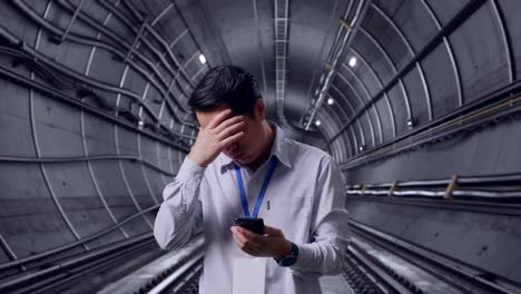 asian male professional worker standing with his smartphone in underground subway tunnel, he is nodding his head with dissapionted