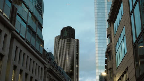 still shot of city skyline skyscraper with commercial airplane flying over