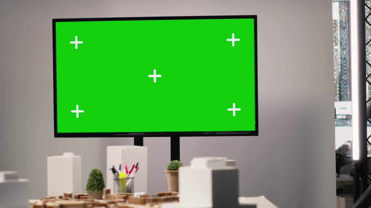 Empty real estate office with a huge isolated green screen TV in innovation hub