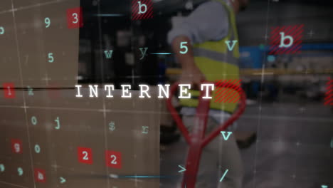 animación digital de datos y codificación sobre los paquetes de manipulación de los trabajadores del almacén