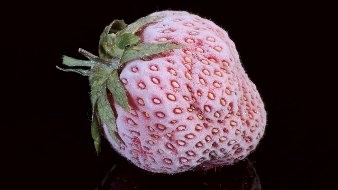 검은색 유리판에 냉동 된 딸기, 검은색 배경, 360도 회전, 클로즈업