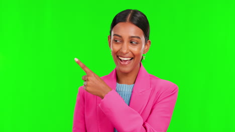 Woman,-green-screen-and-portrait-of-pointing-to