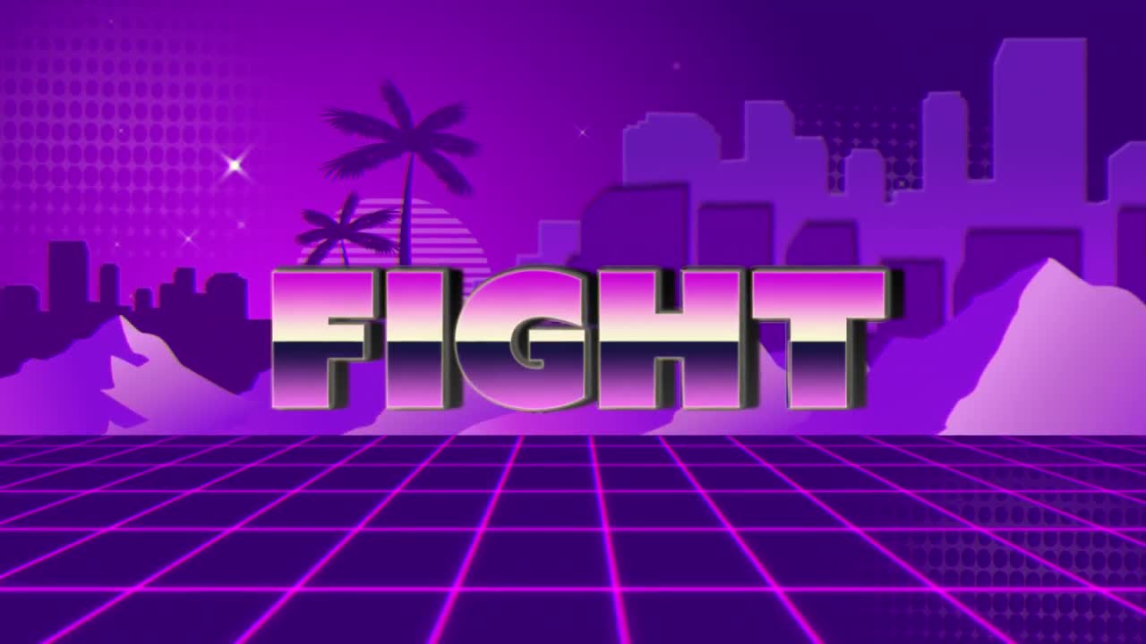 Animation vintage video game screen with metallic word fight written