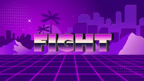animation vintage video game screen with metallic word fight written