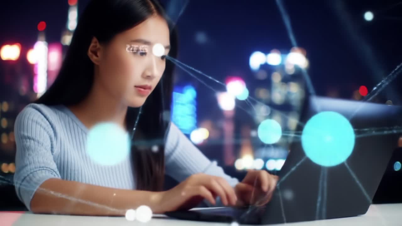 A young woman working intently on a laptop against a stunning city skyline at night, with visually represented network connections symbolizing technology and connectivity