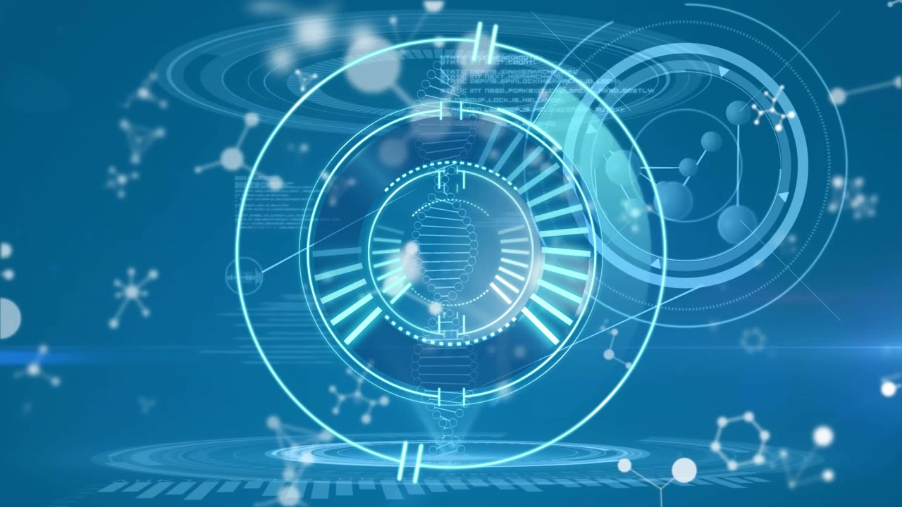 Animation of data processing and scope scanning over dna strand and molecules on blue background