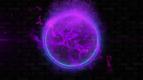 animation of digital globe of pink clouds of smoke in glowing blue and purple neon circles