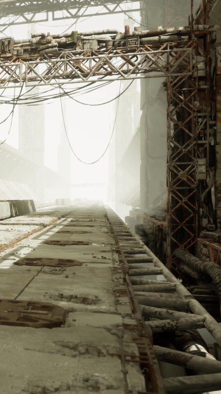 Vista di un'area industriale vuota con nebbia in lontananza sotto strutture metalliche.