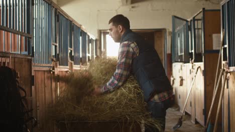 man is preparing to feed horses with hay from a cart.