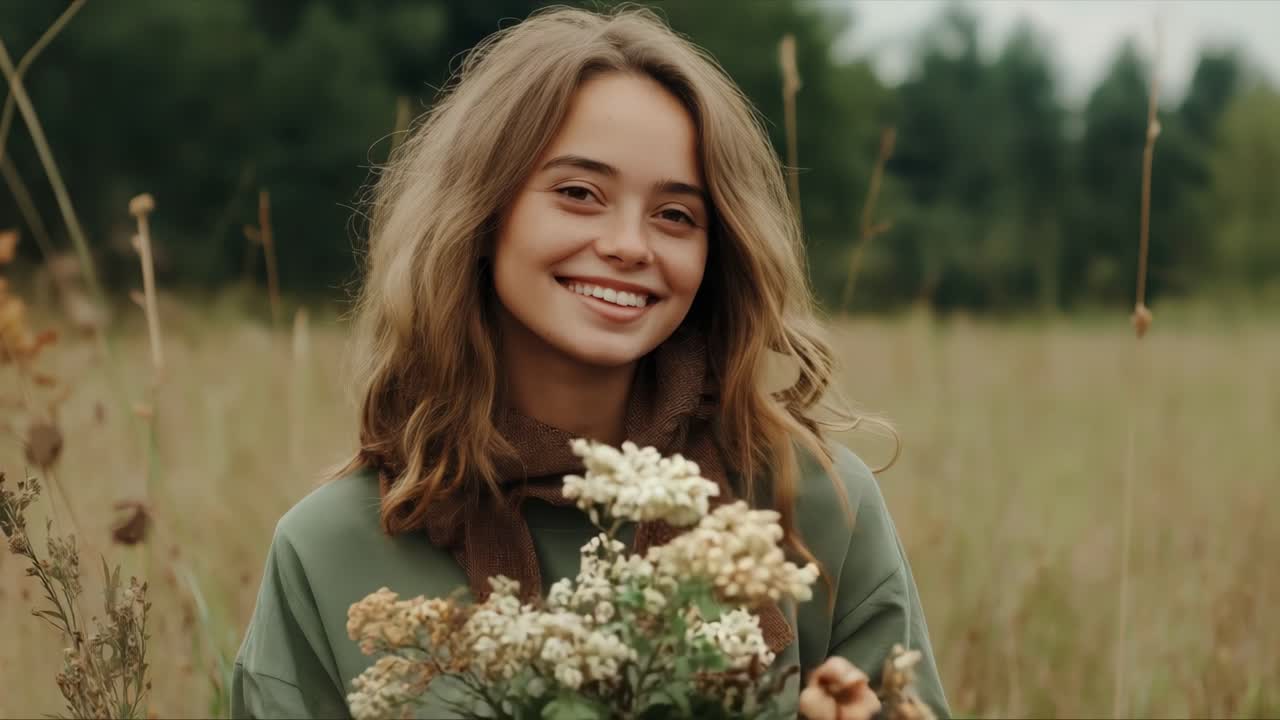 Woman with long hair smiling in a field surrounded by wildflowers in natural light