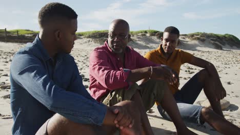 Afroamerikanischer-älterer-Vater-Und-Zwei-Söhne-Im-Teenageralter-Sitzen-Am-Strand-Und-Unterhalten-Sich