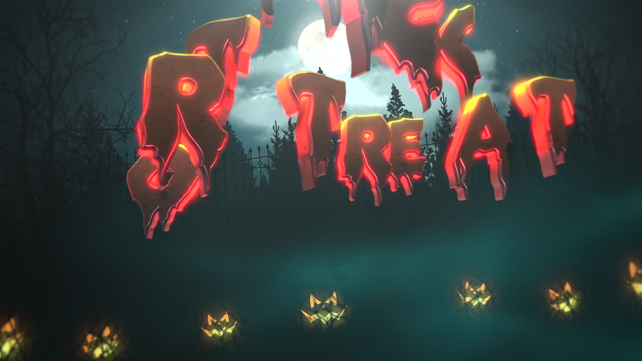 truco o trato en la animación de fondo de halloween con el bosque y las calabazas