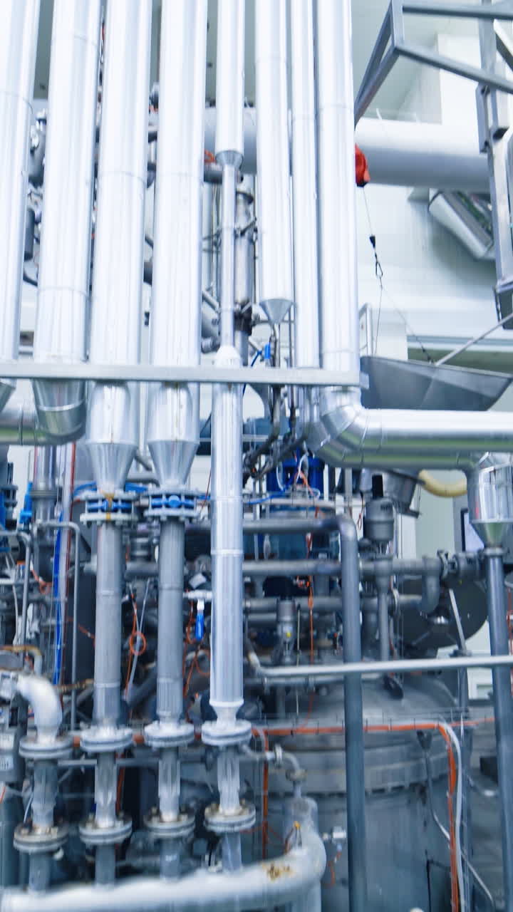 Industrial dairy production. View on the steel pipelines on the milk factory. Vertical video
