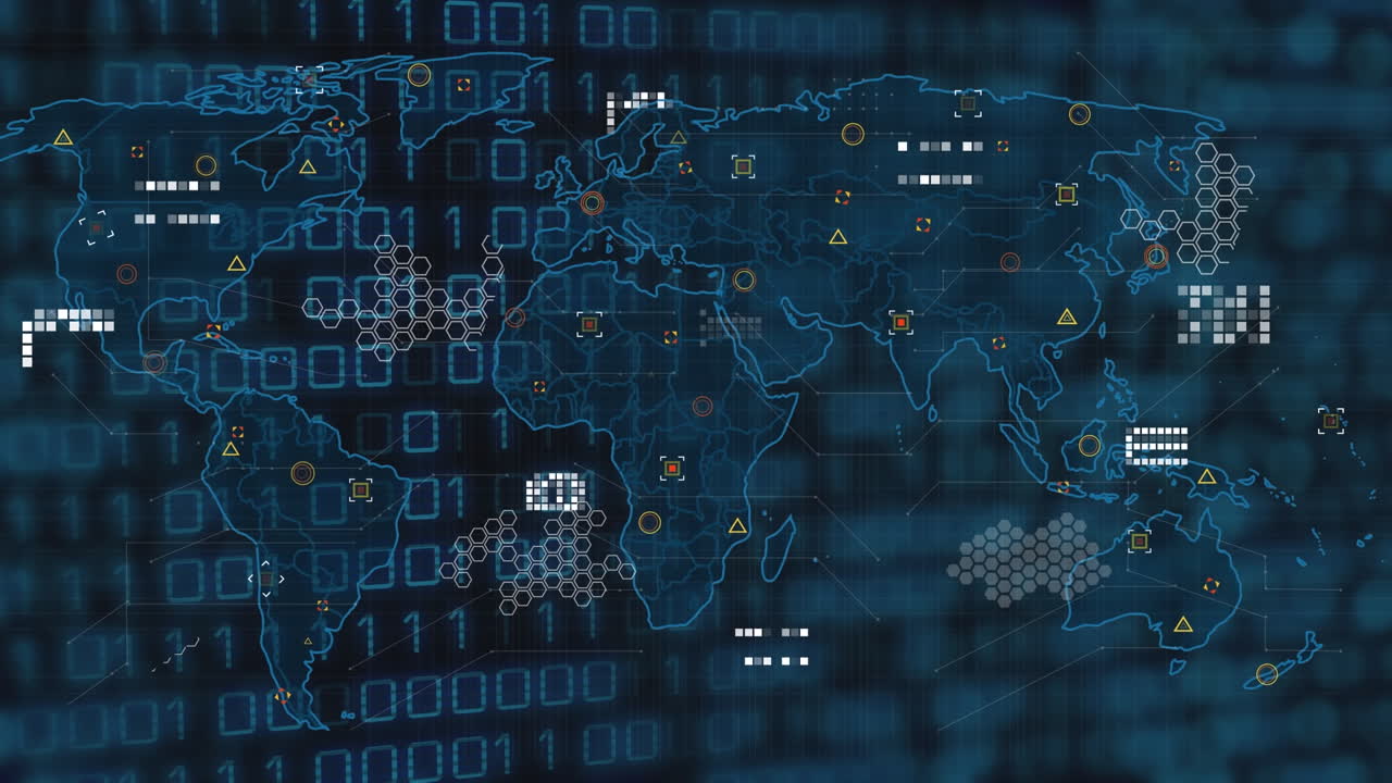 Animation of binary code over world map and icons on black background