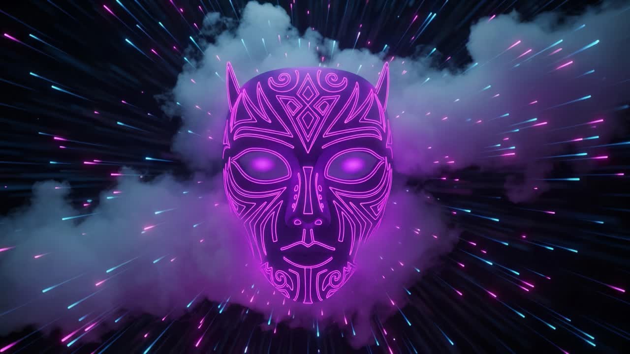 Hypnoottinen neonnaamio nousee eloisasta, pyörteilevästä energia- ja valopilvestä, luoden kiehtovan visuaalisen kokemuksen täynnä mystistä symboliikkaa ja futuristista muotoilua.