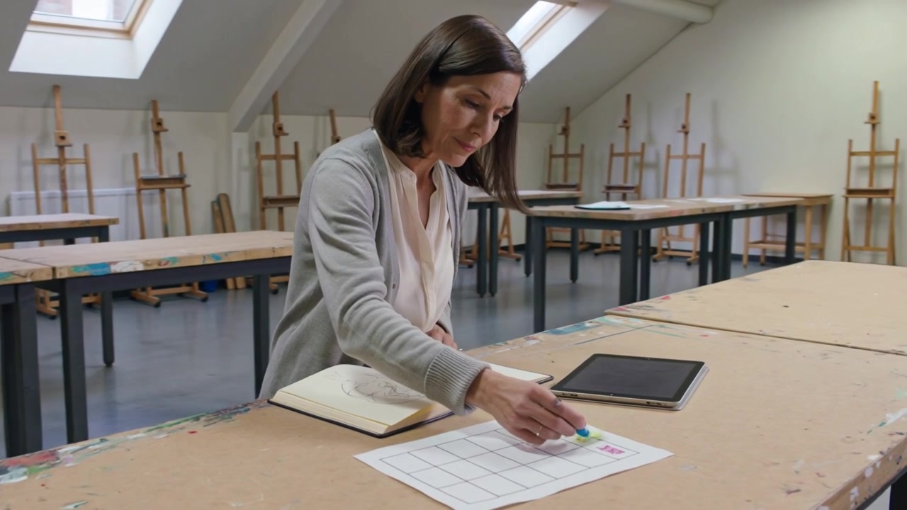 Appoggiata, una donna con maglione grigio consulta un quaderno, posizionando dei segnalini su una griglia per una lezione in studio.