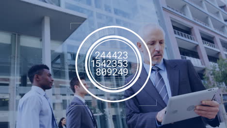 senior man uses tablet with animated numbers on building backdrop, showcasing progress.