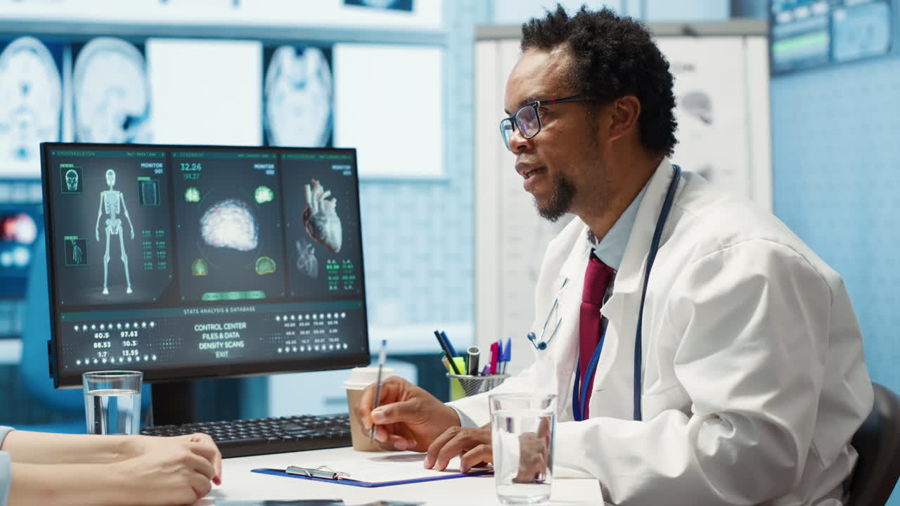 Physician explaining diagnostic report to woman patient in cabinet