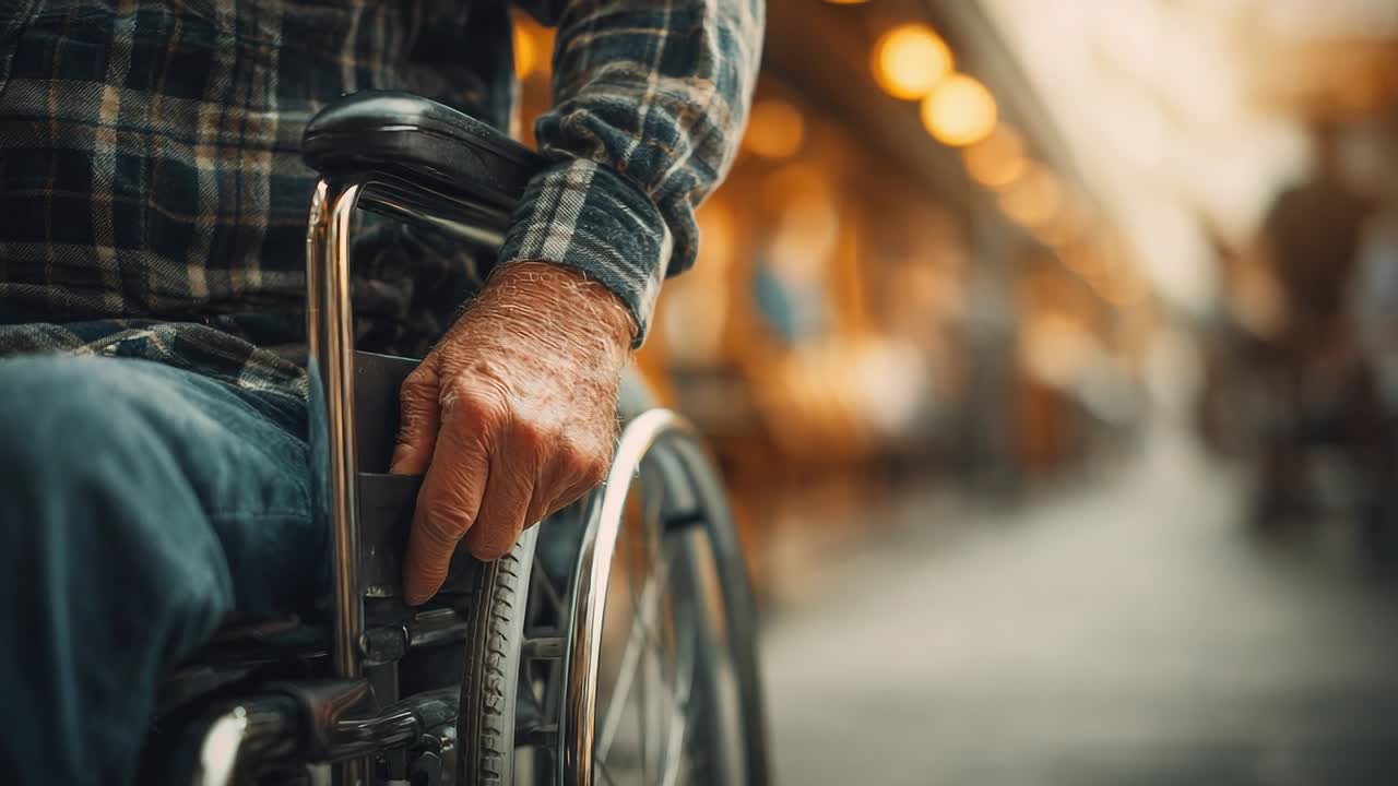Man in wheelchair exploring a bustling market during the afternoon