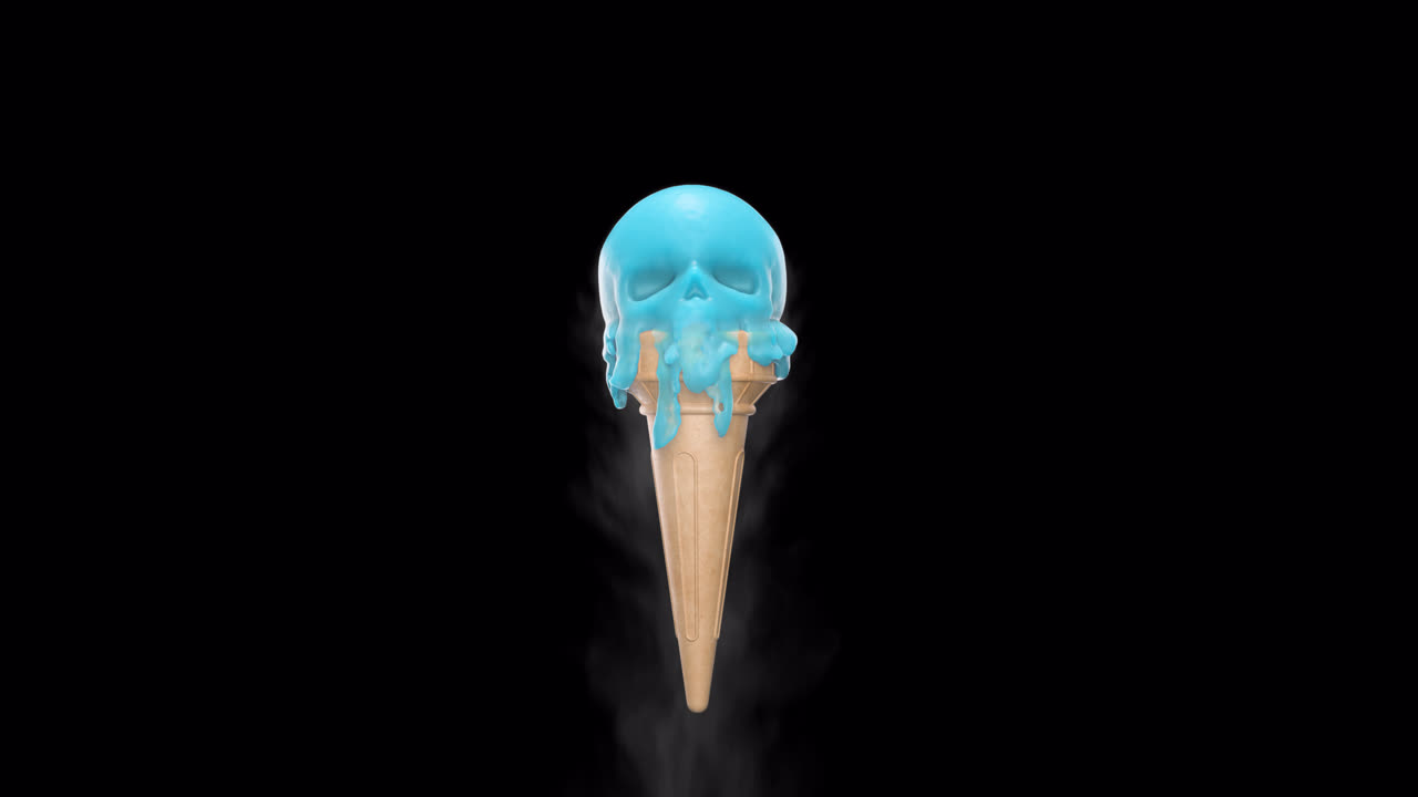 Blue melting ice cream in the form of a skull with smoke with alpha channel