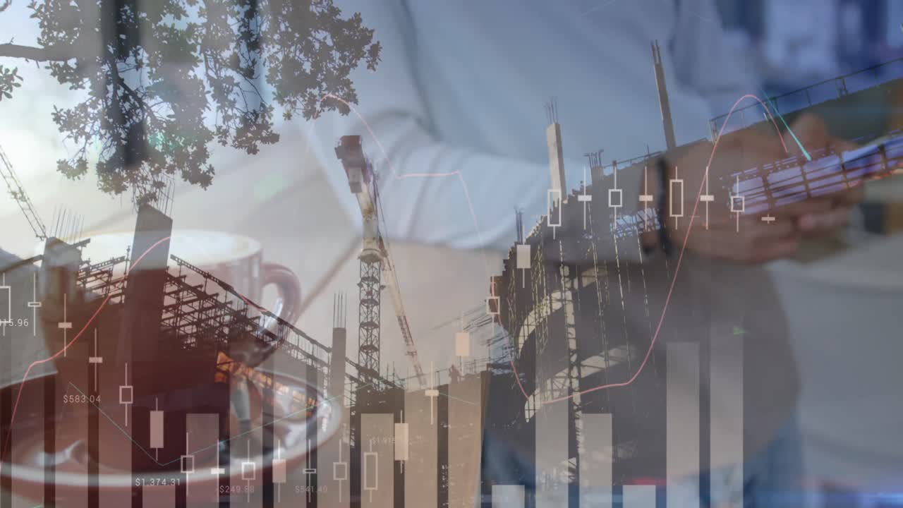 스마트 폰을 사용하는 건설 현장과 사업가에 대한 통계 및 데이터 처리 애니메이션