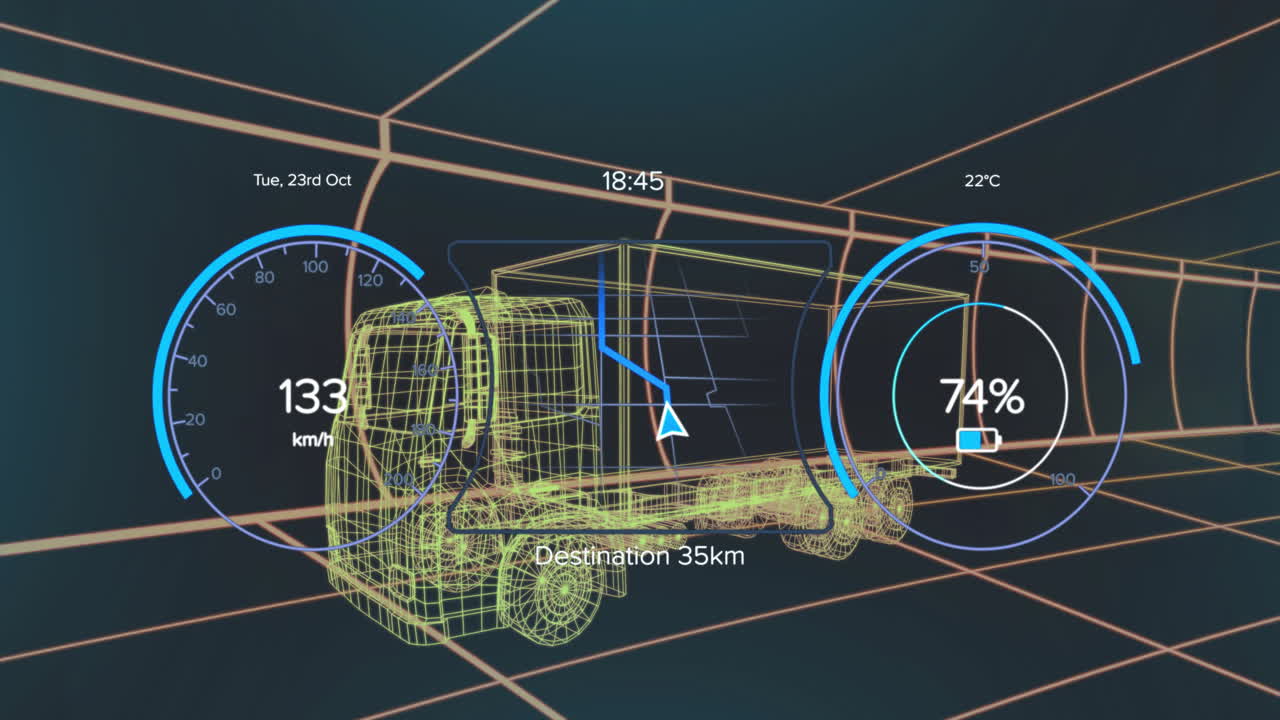 Wireframe 3D truck and trailer being animated in grid tunnel, displaying speed gauge map overlay
