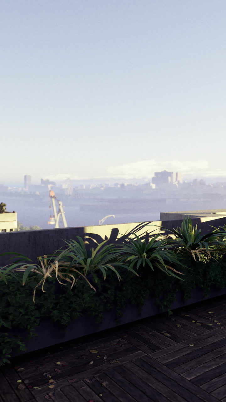 Relaxing rooftop terrace with modern furnishings and city skyline view