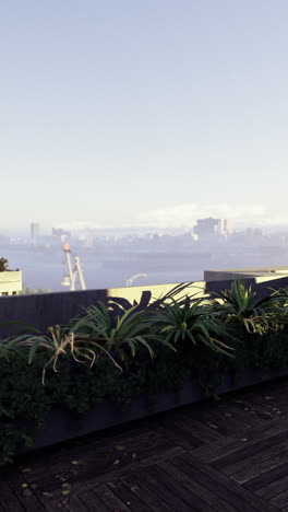 relaxing rooftop terrace with modern furnishings and city skyline view