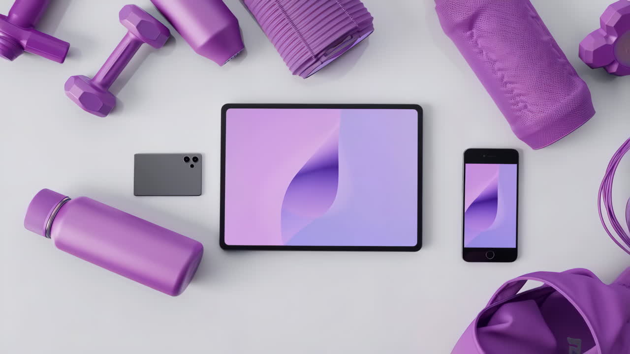 Fitness and Wellness Essentials with Digital Devices in Purple Theme